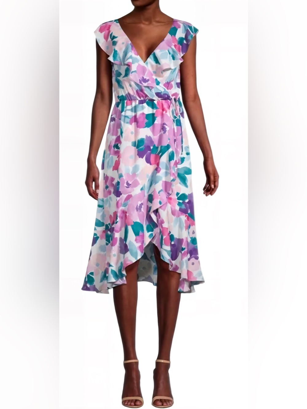 Socialite Pink Teal Floral Wrap Midi Dress Small - Picture 2 of 7